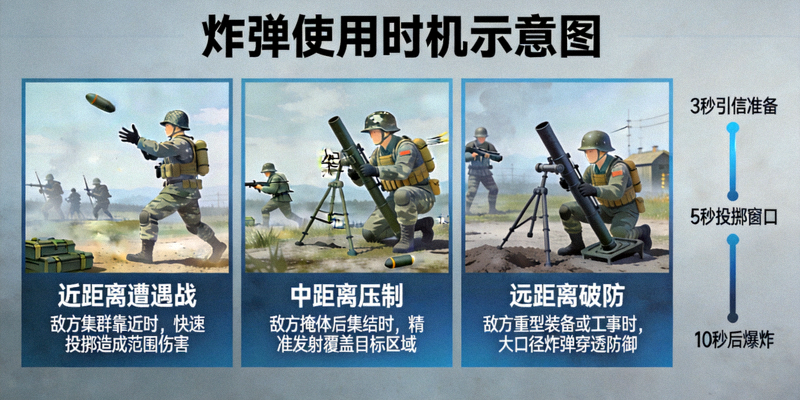 炸弹使用时机示意图，展示不同情况下使用炸弹的最佳时机