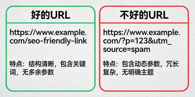SEO友好链接示例图，展示好的URL和不好的URL对比