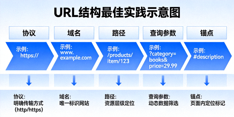 URL结构最佳实践示意图，展示如何构建清晰的URL层次结构